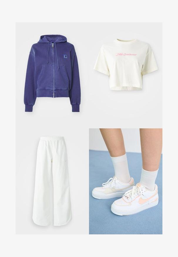 Carhartt WIP HOODED NELSON JACKET - Bluză de molton cu fermoar - aura; Tricou scurt, de culoare crem, realizat din bumbac. Prezintă un logo brodat roz care spune "Nike Sportswear". Are mâneci scurte și guler rotund.; Pantaloni atletici largi, alba, cu un talie elastica texturata si detalii subtile cu logo. Material neted, cu o croiala lejera si tiv conformat.; Adidași albaștri cu accente piersici, superior din piele netedă, vârf perforat, talpă texturată și șireturi. Purtați cu șosete albe până la glezna pe o suprafață albastră.