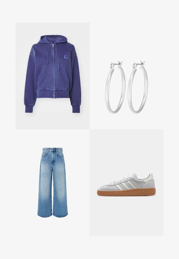 Carhartt WIP HOODED NELSON JACKET - Jaka ar rāvējslēdzēju - aura; Balts ribots garām piedurknēm krekls ar apaļu kakla izgriezumu. Izgatavots no elastīga auduma, kas pieguļ ķermenim. Iezīmējas ar smalkām horizontālām līnijām.; Gaiši zili, plata kāju džinsi, izgatavoti no denima, ar augstu jostasvietu, pogu aizdari un vieglu izlīdzināšanu ar tīrām apakšmalām.; Gai pelēki zamšīgās kedas ar baltām ādas detaļām, trim baltām līnijām un brūnu gumijas zoli, ar mīkstinātu apkakli komforta nodrošināšanai.; Sudraba riņķveida auss gredzeni ar gludu, pulētu apdari. Apaļa forma un drošs klikšķa augšējais slēgums. Viegls dizains, kas piemērots ikdienas valkāšanai.