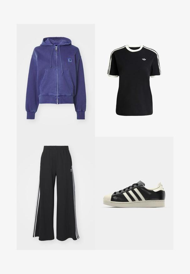 Carhartt WIP HOODED NELSON JACKET - Mikina so zipsom - aura; Čierne bavlnené tričko s bielymi akcentmi na golieri a rukávoch, s tromi bielymi pruhmi na každom pleci a malým logom na hrudi.; Čierne široké teplákové nohavice s elastickým pásom, so bielymi bočnými prúžkami a výšivkou loga na ľavom stehne.; Čierne kožené tenisky s bielymi pruhmi, gumenou špičkou, čiernymi šnúrkami a krémovobielou podrážkou. Hladký povrch s lesklým finišom.