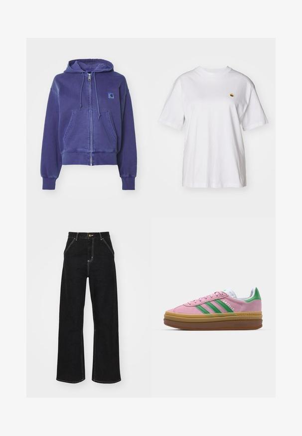 Carhartt WIP HOODED NELSON JACKET - Zip-up sweatshirt - aura; White cotton t-shirt with a relaxed fit, short sleeves, and a small embroidered logo on the left chest area.; Black wide-leg jeans made of denim, featuring contrasting white stitching and a front button closure, with two angled front pockets.; Pink suede sneakers with green stripes, white accents, and a brown rubber sole. Features textured fabric and logo detailing on the side.