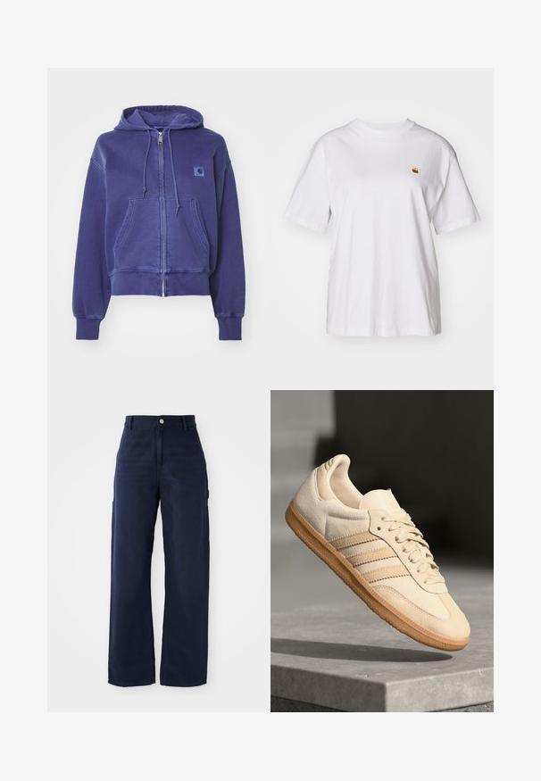 Carhartt WIP HOODED NELSON JACKET - Cipzáras pulóver - aura; Fehér pamut póló laza szabással, rövid ujjakkal és egy kis hímzett logóval a bal mellrészén.; Tengerészkék, bővebb, cargo stílusú nadrág strapabíró pamutból, oldalsó zsebekkel és gombos derékmegoldással.; Világos bézs velúr sportcipő, gumitalppal, három átlós csíkkal és texturált orral. A díszítés a nyelven és az oldalon található.