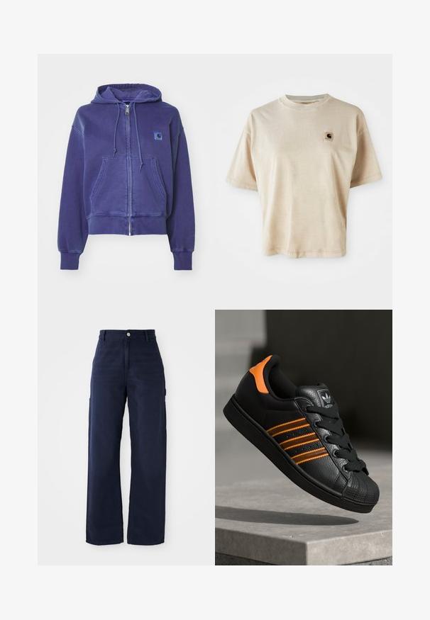 Carhartt WIP HOODED NELSON JACKET - Športna jopa s kapuco na zadrgo - aura; Bež majica iz bombaža s opuštenim krojem, okruglim izrezom, kratkim rukavima i malim kvadratnim logom na lijevoj strani prsnog područja.; Mornarsko modri široki cargo hlače iz trdnega bombažnega blaga, z bočnimi žepi in gumbom za zapiranje na pasu.; Črne športne copate z oranžnimi akcenti, tremi vodoravnimi črtami, zgornjim delom iz teksturirane usnjene tkanine, gumijastim zaščitnim pokrovom za prste in črnimi vezalkami.