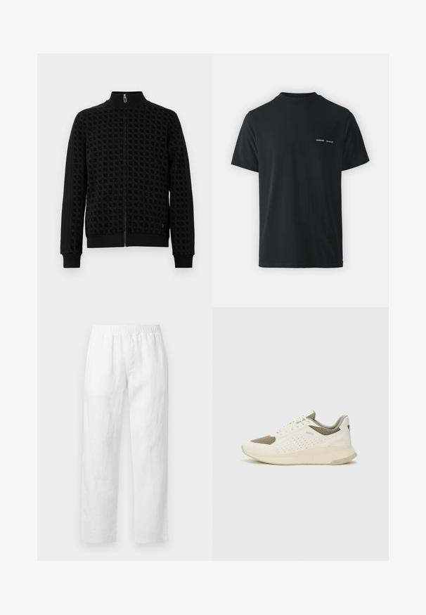 Svart zip-up jakke med preget mønster, høy krage og håndleddsmansjetter. Har sidestripe akcent for ekstra tekstur på ermene.; Svart bomull t-skjorte med klassisk rund hals, korte ermer og to små hvite "SAMSØE" logoer på venstre bryst.; Hvite linbukser med elastisk midjebånd, rette ben og myk tekstur uten synlige mønstre eller metallbeslag.; Hvit og lysebeige treningssko, med en mesh-overdel, perforerte detaljer og en teksturert mellomsåle med merkevare på hælen.