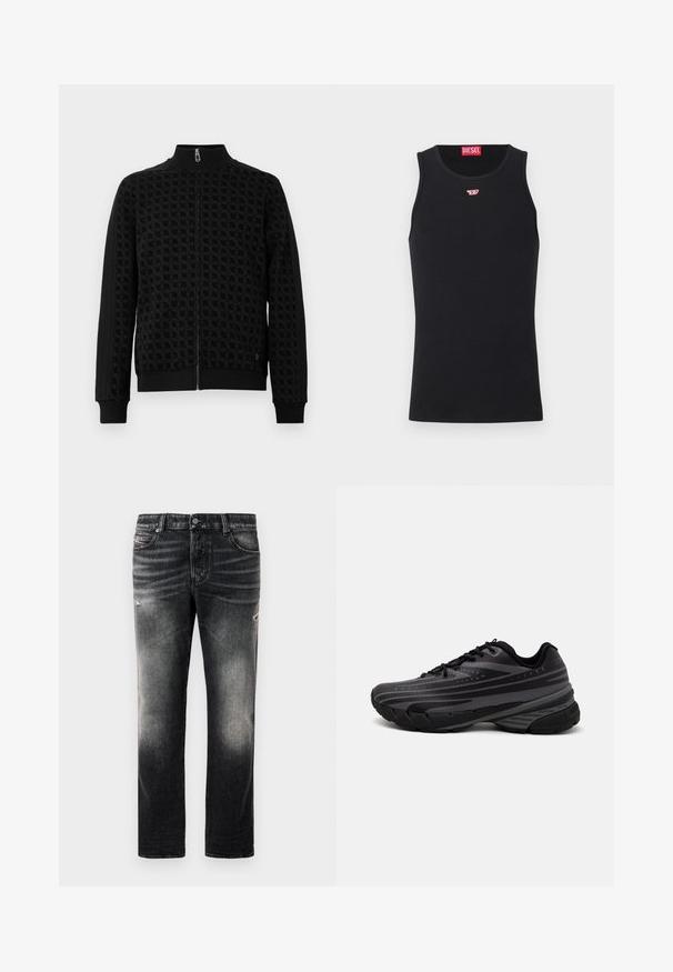 Giacca nera con zip, caratterizzata da un motivo in rilievo, colletto alto e polsini. Presenta strisce laterali sulle maniche per un tocco di texture in più.; Top senza maniche nero realizzato in tessuto liscio, con scollatura rotonda e aperture per le braccia, e un piccolo logo rosso sul petto. Design semplice.; Jeans neri con una finitura sbiadita e dettagli strappati, design standard a cinque tasche e chiusura con zip. Realizzati in tessuto denim.; Scarpa da corsa nera con un upper testurizzato e strisce grigie. Suola spessa per un'ammortizzazione ottimale, punta rotonda e lacci piatti per una vestibilità sicura.