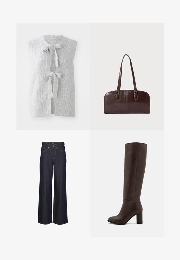 Vest tricotat gri, fără mâneci, cu o textură ribbed și două fundițe în față. Design deschis în față, realizat dintr-un material moale și ușor.; Bluză din chiffon de culoare piersică, cu față volanată, mâneci evazate și închidere cu fundă la gât. Textură moale și siluetă fluidă.; Jeans cu talie înaltă și picioare largi, din denim închis. Prezintă cusături clasice, cinci buzunare și închidere cu buton în față.; Botă din piele maro, până la genunchi, cu toc bloc, textură netedă, vârf rotund și detalii de cusătură minime.; Geantă din piele maro, cu două mânere lungi, de formă rectangulară structurată, textură netedă și colțuri rotunjite. Include detalii accentuate la mânere.