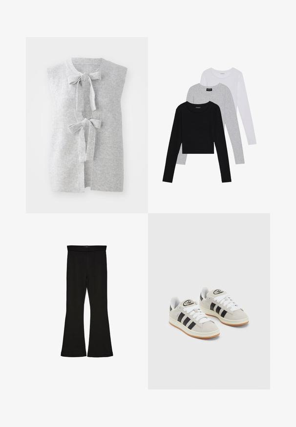Graue, ärmellose Strickweste mit gerippter Textur und zwei vorderen Schleifen. Offenes Frontdesign aus einem weichen, leichten Material.; Drei langärmelige Oberteile gestapelt: schwarz, grau und weiß. Jedes hat einen runden Halsausschnitt und ein kurzes Design aus glattem, leichtem Stoff.; Schwarze Schlagleggings aus dehnbarem Stoff. Sie verfügen über einen breiten Bund und eine glatte Textur, mit einer enganliegenden Silhouette, die am Saum ausgestellt ist.; Graue Wildledersneaker mit weißen Schnürsenkeln, schwarzen Streifen und einer weißen Gummisohle. Merkmale sind ein kreisförmiges Logo auf der Zunge und eine Gummisohle.