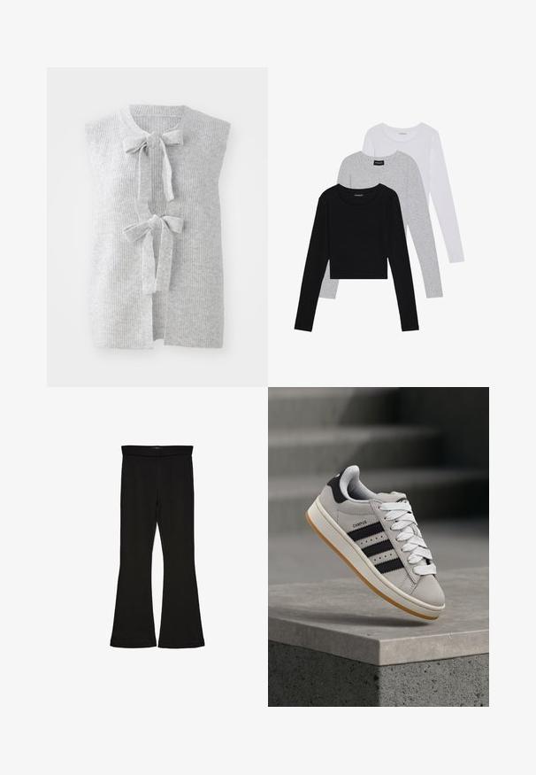 Grå, utenermet strikket vest med ribbestruktur og to framsløyfer. Åpen frontdesign med et mykt, lett materiale.; Tre lange ermer t-skjorter stablet: svart, grå og hvit. Hver har en rund hals og et kort design med glatt, lett stoff.; Sorte flared leggings laget av stretchy stoff. Har en bred midjebånd og en glatt tekstur, med en tettsittende silhuett som blir videre nedover.; adidas Originals CAMPUS 00S W - Joggesko - crystal white/core black/off white