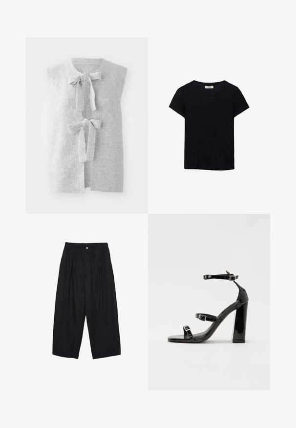 Graue, ärmellose Strickweste mit gerippter Textur und zwei vorderen Schleifen. Offenes Frontdesign aus einem weichen, leichten Material.; Schwarzes kurzärmeliges T-Shirt aus weichem Stoff. Mit klassischem Rundhalsausschnitt und lockerer Passform. Keine Muster oder Akzente sichtbar.; Schwarze Polyester-Culotte mit einem elastischen Bund, zwei vorderen Falten und einer lockeren Silhouette. Keine sichtbaren Muster oder Hardware-Details.; Schwarze patentierte Sandalen mit Absatz, quadratischer Spitze, Knöchelriemen und silbernen Schnallen. Mit einem stabilen Blockabsatz für mehr Stabilität.
