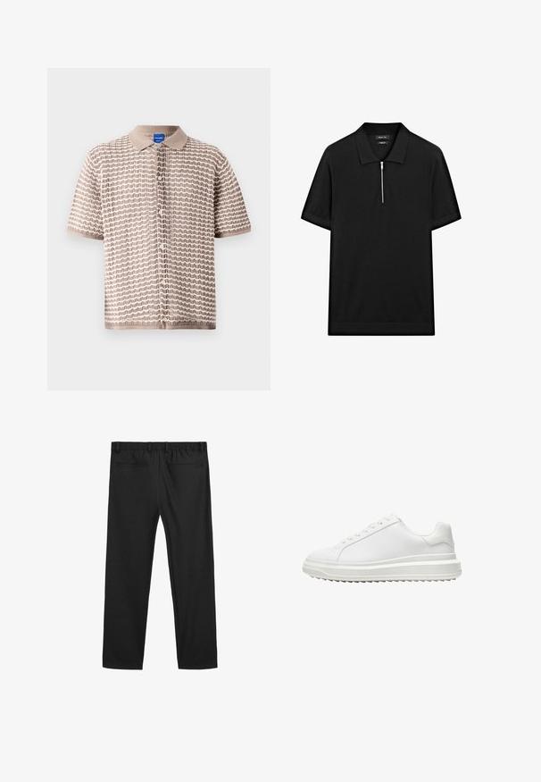 Short-sleeve button-up shirt in beige with a textured wave pattern, featuring a collared neckline and small buttons down the front.; Black short-sleeve polo shirt with a stand collar and a front zipper. Made of a smooth fabric with a clean, minimalist design.; Black stretch pants with an elastic waistband, two back pockets, and a loose fit. Smooth fabric texture and straight leg design.; White sneaker with a smooth synthetic upper, round toe, flat laces, textured sole, and a layered, platform design for added height.
