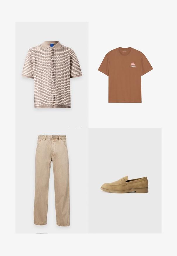Chemise à manches courtes à boutons en beige avec un motif en vagues texturé, présentant un col et de petits boutons sur le devant.; T-shirt marron à manches courtes en coton, avec un graphique de soleil rose et le texte "SOLAR" sur la poitrine gauche. Design à col rond.; Jeans en denim beige avec une coupe droite, dotés de poches avant, d'une fermeture à bouton en métal et d'une texture subtile.; Mocassins en daim beige avec un bout arrondi, un petit talon carré et des détails brodés sur la tige. Texture lisse et design minimaliste.