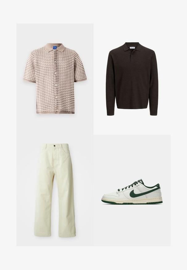 Camicia a maniche corte con bottoni di colore beige, caratterizzata da un motivo a onde testurizzato, con colletto e piccoli bottoni lungo la parte anteriore.; Polo a manica lunga marrone realizzato in tessuto textured. Presenta un colletto classico e tre bottoni frontali. Vestibilità casual con polsini a costine.; Pantaloni a gamba larga giallo chiaro, realizzati in denim, con chiusura anteriore a bottone, cinque tasche e design dritto e semplice.; Sneaker bianco a bassa cima con swoosh Nike verde scuro, lacci e dettagli della suola, mostrato di profilo su uno sfondo bianco uniforme.