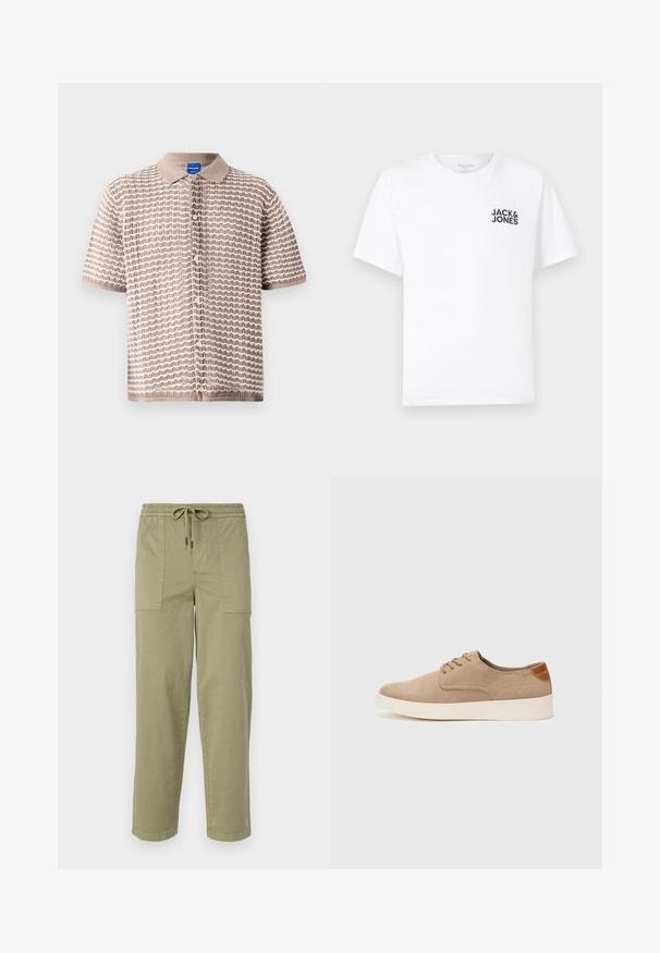 Kortärmad skjorta i beige med ett texturerat vågmönster, med krage och små knappar fram.; Vit bomullströja, kort ärm, rund halsringning. Har en svart textlogotyp "JACK & JONES" på vänster bröstområde. Enkel, ren design.; Ljus olivgröna byxor i en bomullsblandning, med elastisk midja och dragsko, samt två stora sidofickor.; Beige mockasinsneakers med rund tå, snörning fram och texturerad bakaxel. Vit gummisula ger kontrast. Enkelt och modernt design.