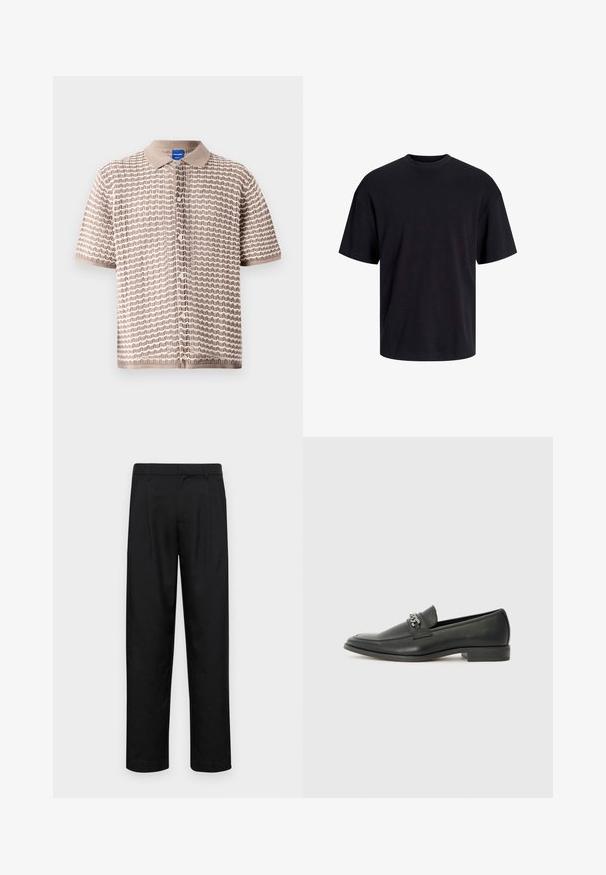 Camisa de botones de manga corta en beige con un patrón de ondas texturizadas, que presenta un cuello con solapa y pequeños botones en la parte delantera.; Camiseta de algodón negra con cuello redondo, mangas cortas y un ajuste relajado. Textura suave y sin patrones ni acentos visibles.; Pantalones negros de tela suave, con un diseño de pierna recta, dos pliegues frontales y una cintura estándar con trabillas para el cinturón.; Mocasín de cuero negro con un acabado suave, que cuenta con un diseño de costura y un acento decorativo de cadena de metal en el empeine. Tacón plano.