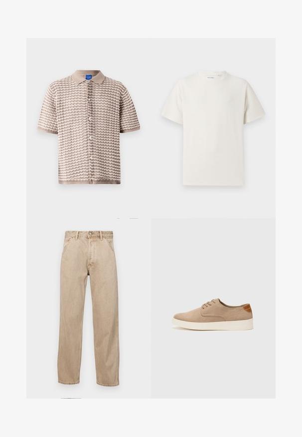 Lühikeste varrukatega helesinine särk, millel on tekstuuriga laine muster, kollase kaelakaelusega ja väikesed nööbid ees.; Valge lühikeste varrukatega T-särk ribakudumises. Ümar kaelus, mugav lõige, nähtavad mustrid ega aksessuaarid puuduvad. Lihtne ja mitmekesine disain.; Bežidemini teksased sirgjoonise kujundusega, front pocket'itega, metallist nööbi kinnitusega ja peene tekstuuriga.; Beežid nahast tossud ümarate varvastega, paeltega esiosa ja tekstuuriga tagakontuuriga. Valge kummist tallapakkumine loob kontrasti. Lihtne ja kaasaegne disain.