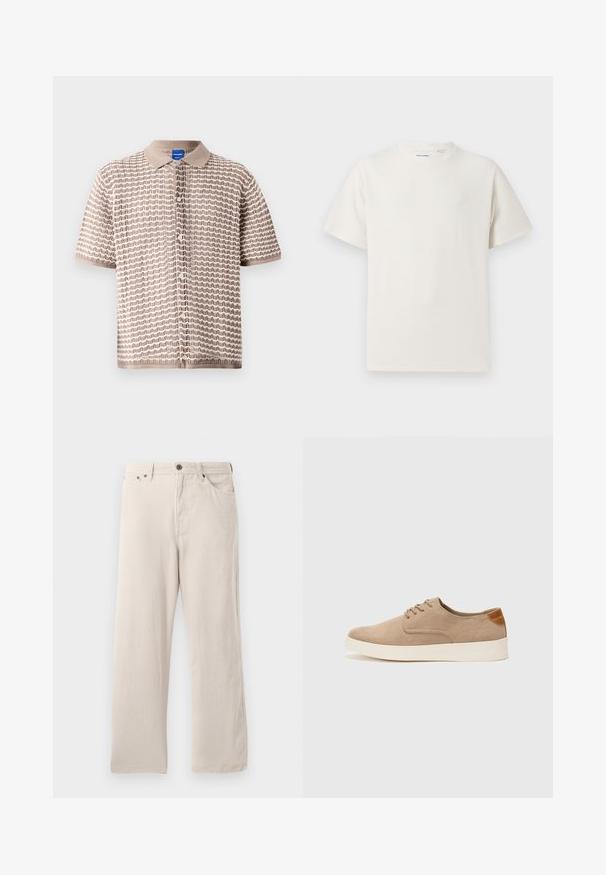 Short-sleeve button-up shirt in beige with a textured wave pattern, featuring a collared neckline and small buttons down the front.; White short-sleeve T-shirt in a ribbed texture. Round neckline, relaxed fit, no visible patterns or accents. Simple and versatile design.; Beige corduroy pants with a straight cut, featuring a ribbed texture, five-pocket design, and a button-fly closure.; Beige suede sneakers with a rounded toe, lace-up front, and a textured back accent. White rubber sole provides contrast. Simple and modern design.