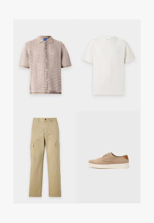 Rövid ujjú, világosbarna ing, hullámmintás textúrával, galléros nyakkal és apró gombokkal az elején.; Fehér, rövid ujjú póló bordázott textúrával. Kerek nyakkivágás, laza szabás, nincs látható minta vagy díszítés. Egyszerű és sokoldalú dizájn.; Beige vászon cargo nadrág, két oldalsó zsebbel, gombos záródással, egyenes lábakkal és enyhén texturált anyagból készült.; Beige velúr sportcipő, kerek orral, fűzős elülső résszel és textúrált hátsó részlettel. Fehér gumitalp kontrasztot ad. Egyszerű és modern design.