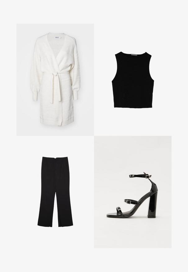 Bela teksturirana kardigan s oblikovanjem ovitka, dolgimi pufastimi rokavi in veznim pasom. Ima rebraste manšete in subtilno vzorčasto blago.; Črn brez rokavov crop top, izdelan iz gladkega materiala, z okroglim izrezom in čistim, preprostim dizajnom brez vzorcev ali dodatkov.; Črne hlače ravnega kroja z naglavnimi žepi in stranskimi razporki na robu. Narejene iz mehke, gladke tkanine. Primerne za različne priložnosti.; Črne lakirane sandale s peto, kvadratnim prstom, trakovi okrog gležnja in srebrnimi zaponkami. Opremljene so s stabilno Debelo peto.