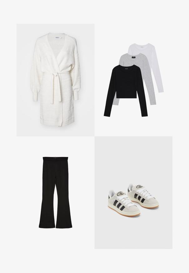Weißer strukturierter Cardigan mit Wickeldesign, langen Puffärmeln und einem Bindegürtel. Mit gerippten Manschetten und einem dezent gemusterten Stoff.; Drei langärmelige Oberteile gestapelt: schwarz, grau und weiß. Jedes hat einen runden Halsausschnitt und ein kurzes Design aus glattem, leichtem Stoff.; Schwarze Schlagleggings aus dehnbarem Stoff. Sie verfügen über einen breiten Bund und eine glatte Textur, mit einer enganliegenden Silhouette, die am Saum ausgestellt ist.; Graue Wildledersneaker mit weißen Schnürsenkeln, schwarzen Streifen und einer weißen Gummisohle. Merkmale sind ein kreisförmiges Logo auf der Zunge und eine Gummisohle.