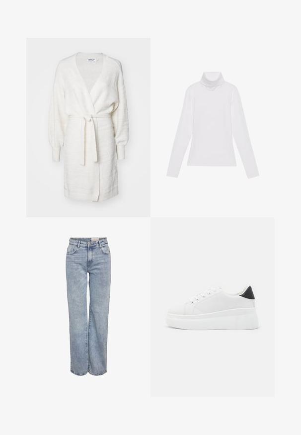 Bijela teksturirana kardigan s dizajnom omota, dugim napuhanim rukavima i remenom za vezanje. Ima rebraste manžetne i suptilno uzorčanu tkaninu.; Bijela majica dugih rukava s rolificom izrađena od glatkog, rastezljivog materijala. Ima visoki ovratnik i uski kroj, bez vidljivih uzoraka ili ukrasa.; Svijetloplave široke traperice napravljene od denima, s visokim strukom, dizajnom od pet džepova i suptilnim izbljeđivanjem za izgled nošenih traperica.; Bijele platforme tenisice napravljene od glatkog sintetičkog materijala, s okruglim vrhom, dizajnom s vezanjem i teksturiranom gumenom potplatom. Crni detalj na peti.