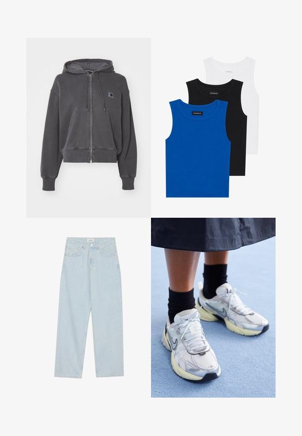 Carhartt WIP HOODED NELSON JACKET - Sweatjacke - graphite; Drei ärmellose Hemden in Blau, Schwarz und Weiß. Der Stoff ist gerippt und hat einen runden Ausschnitt. Jedes Hemd hat ein Etikett mit der Aufschrift "even&odd".; Helle blaue weit geschnittene Jeans aus Denim, mit mittelhoher Taille, fünf Taschen und einem Knopfverschluss mit einem schlanken Metallelement.; Weiße und silberne Nike-Sneaker aus Mesh-Gewebe, mit reflektierenden Akzenten und einer beigen Sohle. Getragen mit schwarzen Socken und stehend auf einer blauen Fläche.
