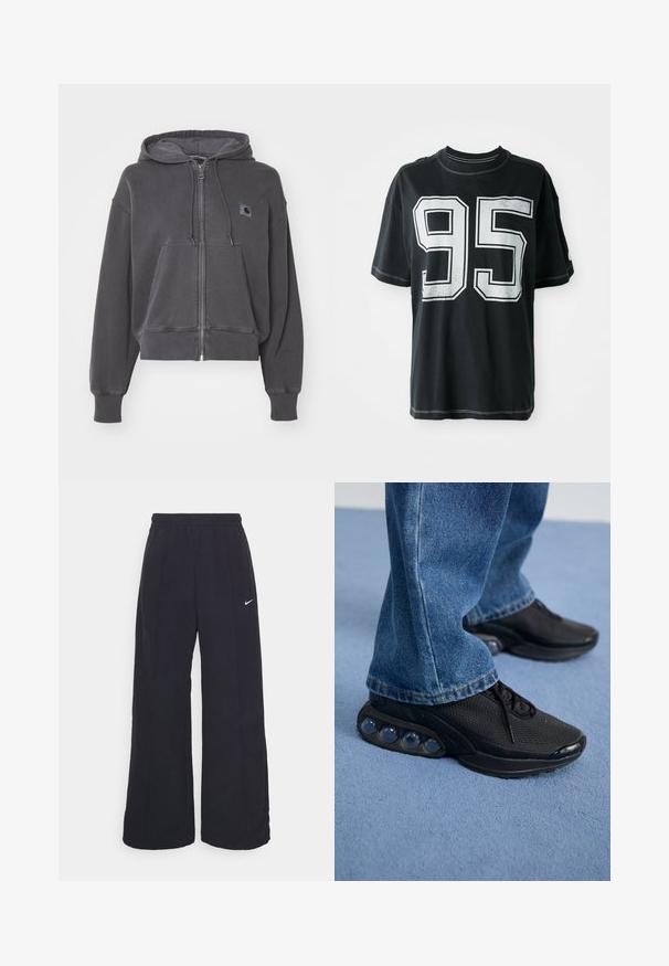 Carhartt WIP HOODED NELSON JACKET - Lukuga pusa - graphite; Must mustaga t-särk lühikeste varrukatega, mille esiküljel on valge trükitud number "95" ja kontrastsete õmblustega servadel.; Mustad laiad mustad püksid, millel on elastne vöökoht ja väike valge Nike logo. Kanga tekstuur on sile, disainitud mugavuseks ja igapäevaseks kandmiseks.; Mustad mustandid jooksujalatsid, millel on võrkmaterjalist ülemine osa, tekstuuriga detailid ja nähtavad õhkpadjad tallas. Kandmine siniste teksadega.