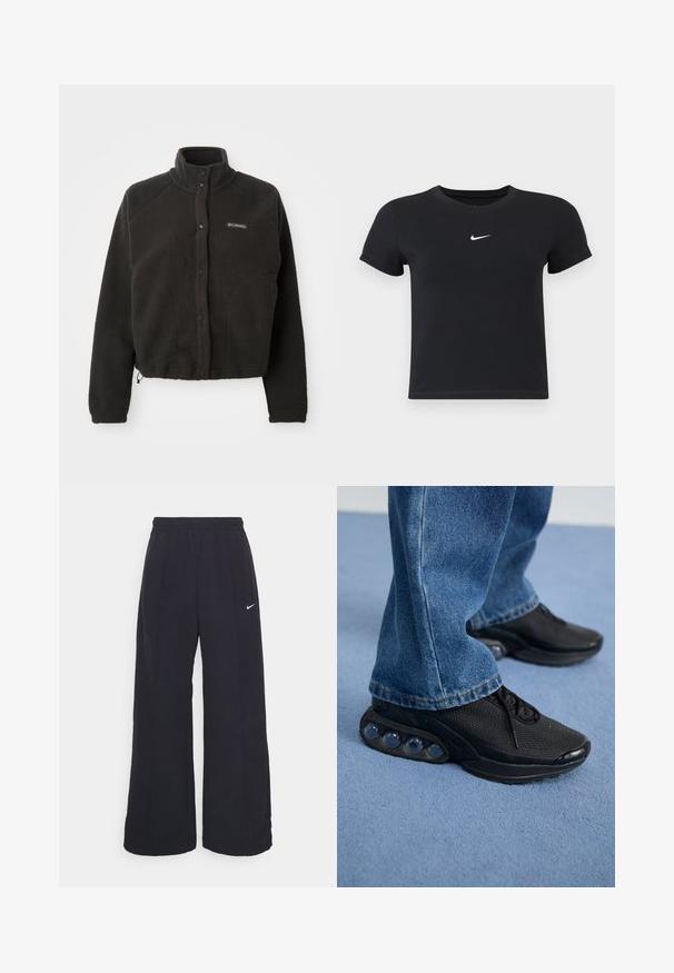 Juodas vilnonis džemperis su aukštu apykakle, spaudimo mygtukais ir tekstūruotu audiniu. Yra raglan tipo rankovės ir reguliuojamas apačios kraštas, užtikrinantis tvirtą prigludimą.; Juodas trumpas rankoves marškinėliai, pagaminti iš medvilnės, su apvaliu kaklu. Pasižymi balta Nike logotipu ant krūtinės, minimalistišku dizainu ir prigludusia forma.; Juodos plačios kojos kelnės su elastinga liemene ir mažuoju baltu Nike logotipu. Audinys turi lygią tekstūrą, sukurtas patogumui ir kasdieniam nešiojimui.; Juodi sportiniai bateliai su tinkliniu viršumi, tekstūruotais akcentais ir matomais oro pagalvėmis pado viduje. Dėvimi su mėlynais džinsais.