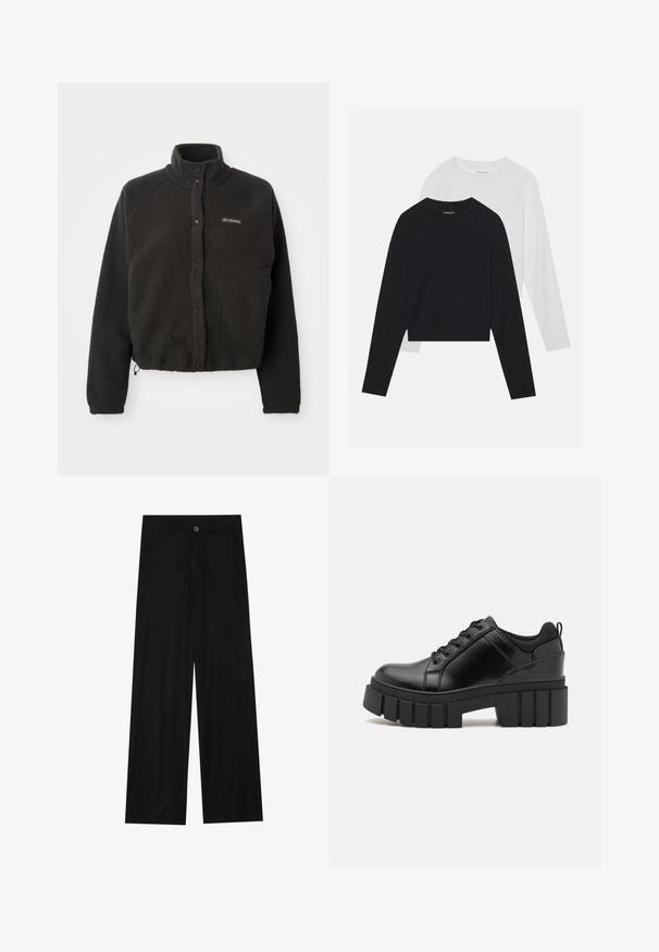 Black fleece jacket with a high collar, snap buttons, and textured fabric. Features raglan sleeves and an adjustable hem for a snug fit.; Two long-sleeved shirts: one black and one white. Both feature a crew neck, raglan sleeves, and a soft cotton blend fabric.; Wide-leg black trousers made of a smooth fabric, featuring front pockets and a button closure at the waist. Minimalist design with no patterns.; Black leather platform shoes with a chunky block heel, round toe, and traditional lace-up design. Features smooth texture and minimal detailing.