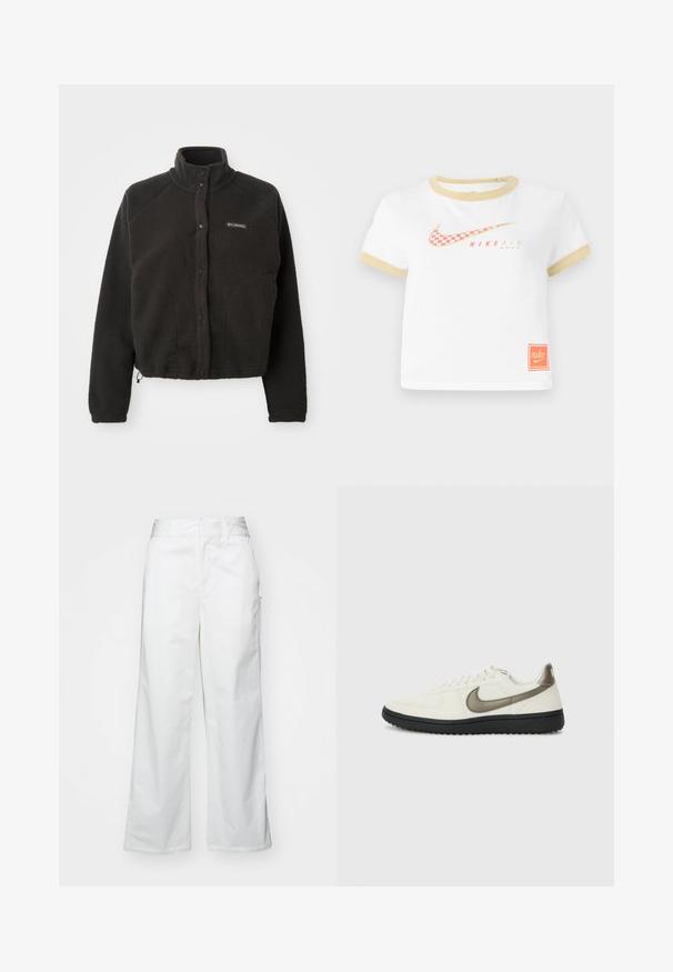 Sort fleecejakke med høj krave, trykknapper og struktureret stof. Har raglanærmer og en justerbar kant for en tætsiddende pasform.; Hvid T-shirt med guldtrim, prydet med et rødt ternet Nike swoosh-logo, "NIKE AIR" tekst og et lille orange Nike-tag i kanten.; Hvide brede bukser lavet af bomuld, med en glat overflade, lige pasform, forlommer og en ren kant.; Nike Sportswear FIELD GENERAL - Sneakers - off-white/black