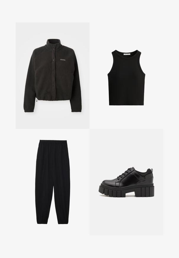 Čierna fleecová bunda s vysokým golierom, patentnými gombíkmi a textúrovanou látkou. Má raglánové rukávy a nastaviteľný lem pre pohodlné prispôsobenie.; Čierny rebrovaný tielko s kruhovým výstrihom a širokými ramenami. Materiál vyzerá byť mäkký s priliehavým strihom.; Čierne, ľahké nohavice s elastickým pásom a zúženými nohavicami. Tkanina je hladká a má voľný, zúžený strih.; Čierne kožené platformy s masívnym blokovým podpätkom, okrúhlou špičkou a tradičným šnurovaním. Má hladký povrch a minimálne detaily.