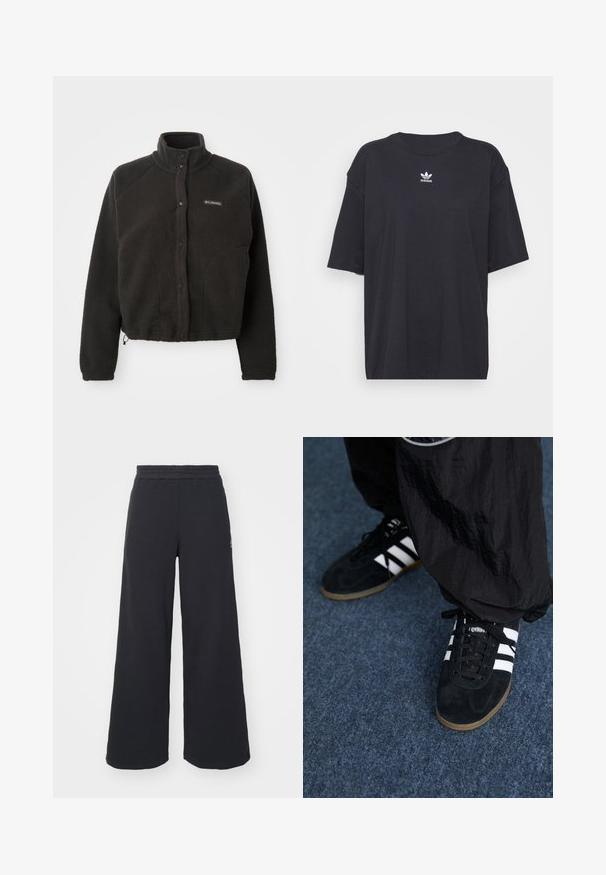 Svart fleecejakke med høy krage, trykknapper og teksturert stoff. Har raglanermer og justerbar hem for en tettsittende passform.; Svart bomull T-skjorte med korte ermer, rund halslinje, med en hvit Adidas-logo på brystet. Enkel design, avslappet passform.; Svart bukse med vid benvidde laget av myk stoff, med elastisk midjebånd og en liten logo på venstre side.; Svarte semskede joggesko med tre hvite striper og svarte snøring. Et teksturert svart bukse er delvis synlig ved siden av skoene.