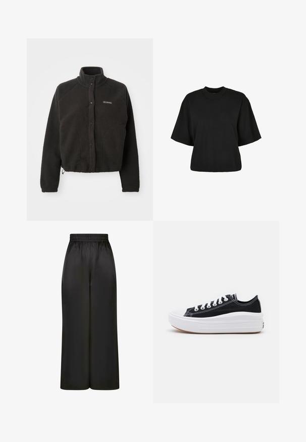 Giacca in fleece nera con collo alto, bottoni automatici e tessuto testurizzato. Presenta maniche raglan e un orlo regolabile per una vestibilità aderente.; Maglietta nera cropped realizzata in cotone. Presenta maniche corte e un collo rotondo. Tessuto liscio con un design semplice, senza ulteriori motivi.; Pantaloni neri a gamba larga realizzati in un tessuto liscio e lucido, con una vita elastica e senza tasche visibili o dettagli in metallo.; Sneaker nere in tela con lacci bianchi, punta in gomma bianca e una suola intermedia bianca e spessa. Presentano cuciture bianche sottili e una suola in gomma.