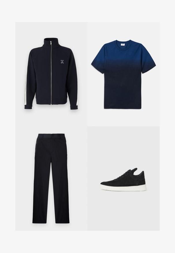 Sweatshirt azul-marinho com fecho e gola alta, apresentando riscas brancas nas laterais e logótipo bordado no peito. Tecido suave e punhos canelados.; T-shirt de algodão azul marinho com decote redondo, mangas curtas e um design de gradiente subtil que vai de tons mais claros para mais escuros.; Calças pretas com um tecido leve e texturizado, design de pernas retas, cintura elástica e bolsos laterais com fecho.; Sapatilha de camurça preta com sola de borracha branca, apresentando costuras tonais e um design com atacadores. Textura suave com uma forma moderna e simplificada.