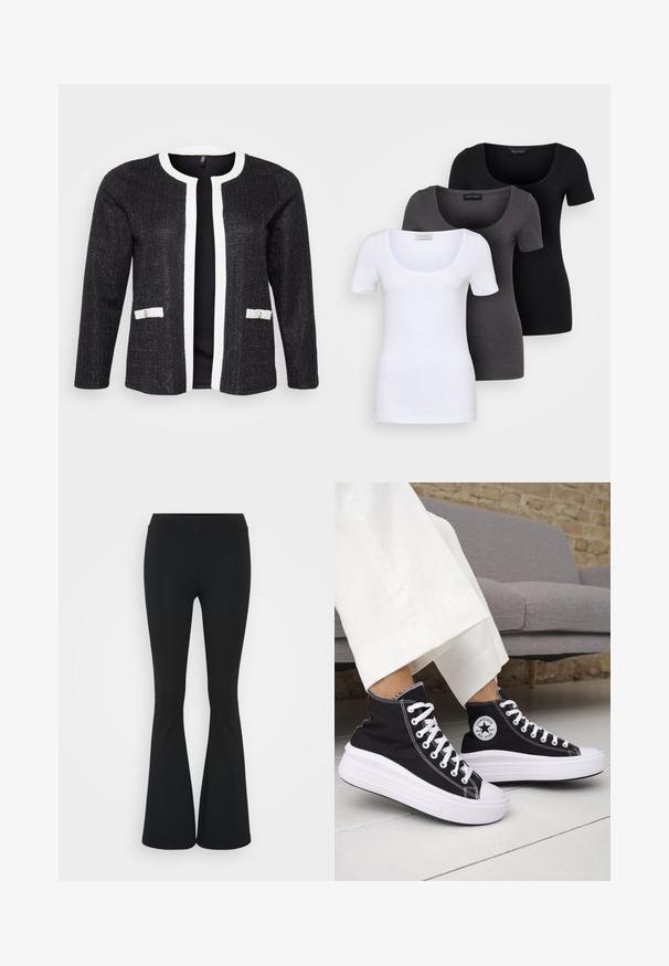 Schwarzer strukturierter Cardigan mit weißem Besatz, Rundhals, offener Front und zwei kleinen Taschen mit goldenen Akzenten.; Drei figurbetonte T-Shirts in Weiß, Grau und Schwarz. Jedes hat einen weiten Rundhalsausschnitt und kurze Ärmel. Hergestellt aus glattem, elastischem Stoff.; Schwarze, ausgestellte Hosen aus dehnbarem Material mit hohem Bund und glatter Textur. Die Hose weitet sich ab dem Knie.; Schwarze High-Top-Sneaker mit weißen Gummisohlen und Schnürsenkeln. Verfügt über ein rundes Logo-Patch und kontrastierende weiße Nähte. Aus Canvas-Material.