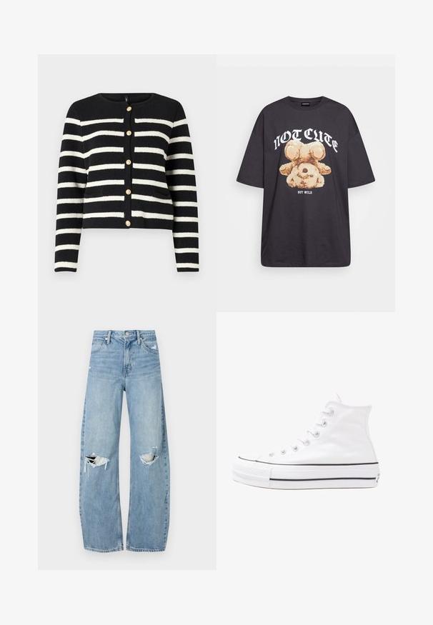 Fekete-fehér csíkos kardigán, kerek nyakkal, arany gombokkal az elején és két elülső zsebbel. Texturált kötött anyag.; Fekete, oversized póló, rajta egy medvével és a "NEM CUKI, HANEM FÉKTELEN" felirattal vastag, fehér betűkkel. Pamut anyag.; Világoskék, magas derekú farmernadrág. Széles lábakkal, két szakadt térddel és klasszikus öt zsebes dizájnnal rendelkezik.; Fehér magaskorsó vászon sportcipő fekete gumi talppal, elülső gumi orrnyereggel és hat fűzőlyukkal, letisztult, minimalista dizájnnal.