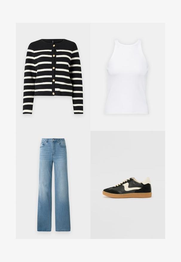 Černobíle pruhovaný kardigan s kulatým výstřihem, zlatými knoflíky vpředu a dvěma předními kapsami. Strukturovaný pletený materiál.; Bílý bezrukávový top vyrobený z ribbed látky, s kulatým výstřihem a přiléhavým střihem, s minimem švů a bez ozdob.; Světlé modré džíny s vysokým pasem a rovnými nohavicemi. Vyrobené z denimu, s pěti kapsami a zapínáním na knoflíky.; Černé semišové a kožené tenisky s krémovým postranním swooshem a světlým krémovým podpatkem. Mají béžové tkaničky a podešev z gumové pryže.
