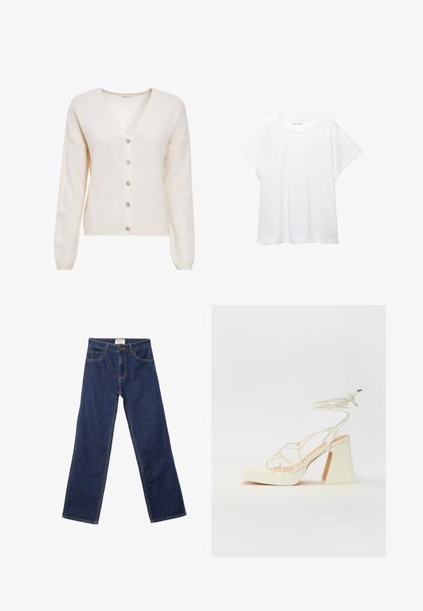 Cream-colored knit cardigan with long sleeves, v-neckline, and five buttons featuring varying pastel colors. Soft texture and relaxed fit.; White T-shirt made of soft, lightweight fabric. Features a round neckline and short, wide sleeves with a relaxed fit. No visible patterns.; Dark blue straight-leg jeans with front pockets, belt loops, and a button closure.; White high-heeled sandal with a chunky heel, featuring a strappy design and ankle tie. Smooth texture with a platform front for added height.