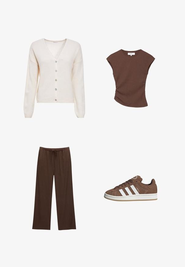 Cream-colored knit cardigan with long sleeves, v-neckline, and five buttons featuring varying pastel colors. Soft texture and relaxed fit.; Brown ribbed short-sleeve top with a slightly curved hemline. Soft texture and relaxed fit, featuring a round neckline and minimal seams.; Brown wide-leg pants made from soft fabric, featuring an elastic waistband with a drawstring and two side pockets.; Brown suede sneakers with white leather stripes, rubber sole, rounded toe, and lace-up front. Features a logo on the tongue and perforated accents.