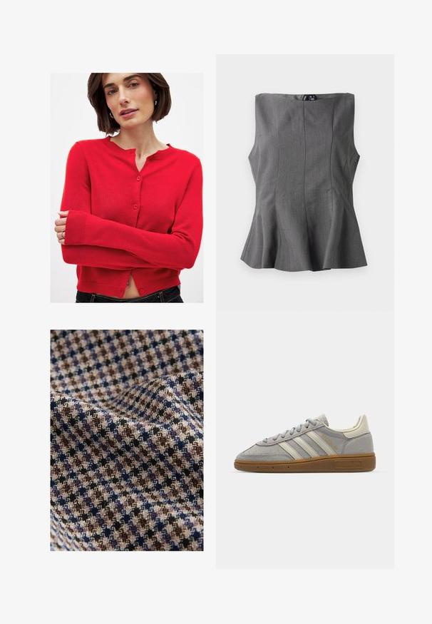 Raudonas, ilgomis rankovėmis megztinis, pagamintas iš megztos medžiagos, su apvaliu kaklu, priekiniais mygtukais ir gipiūrinėmis rankovėmis. Tinkantis prie kūno su trumpu hemu.; Pilkas peplumo topas su struktūruotu, be rankovių dizainu. Pagamintas iš lygaus audinio, turi vertikalias siūles ir tiesų iškirpimą.; Audinys languoto rašto, kuriame dominuoja smėlio, rudos, tamsiai mėlynos ir juodos spalvos, su tekstūruotu paviršiumi. Minkšta ir laisvai krentanti išvaizda.; Pilki zomšiniai sportbačiai su šviesiai pilkomis odinėmis juostelėmis ir guminiu padu. Ypatybės: raištelių uždarymas ir subtilus prekės ženklo logotipas ant liežuvėlio.