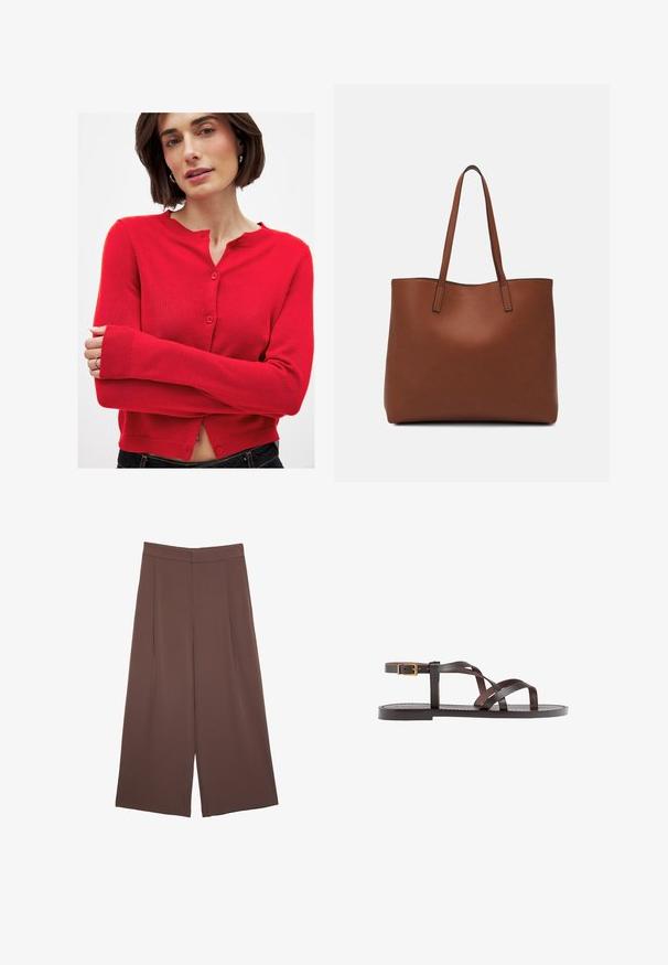 Punainen, pitkähihainen neuletakki, joka on valmistettu neuloksesta. Siinä on pyöreä pääntie, etu-napit ja ribbireunat hihoissa. Tiukasti istuva ja lyhennetty helma.; Kahvinsävyinen lyhythihainen t-paita, joka on valmistettu pehmeästä kankaasta. Pyöreä pääntie ja rento malli. Ei näkyviä kuvioita tai koristeita.; Ruskeat leveälahkeiset housut, joissa on sileä pinta, korkea vyötärö ja etupleat. Kangas on kevyttä ja laskeutuu väljänä.; Ruske kožne sandale s križnim trakama, zatvaranjem na kopču oko gležnja i ravnim potplatom s minimalnim detaljima šivanja.; Ruskea nahkainen olkalaukku, jossa on sileä pinta, avoin yläosa ja kaksi olkahihnaa. Omaavat vain minimaalisen ompelun eikä näkyvää metalliosaa.