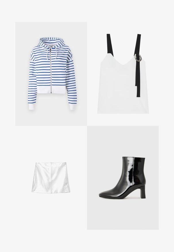 Cropped zip-up hoodie in white with blue horizontal stripes. Features a drawstring hood and ribbed cuffs for a snug fit. Soft cotton material.; White sleeveless top with a V-neck, featuring black straps and a silver ring detail. Smooth fabric and a modern, minimalist design.; White mini skirt with a smooth, glossy texture, featuring a straight cut and a seamless back zipper closure.; Black patent leather ankle boot with a pointed toe and a mid-height block heel. Smooth texture and minimalist design.