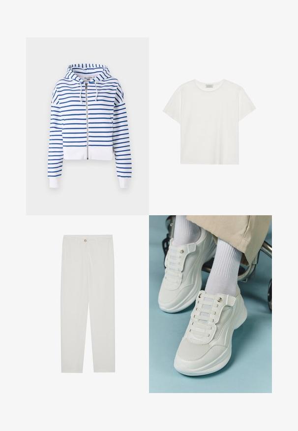 Cropped zip-up hoodie in white with blue horizontal stripes. Features a drawstring hood and ribbed cuffs for a snug fit. Soft cotton material.; White short-sleeve T-shirt made of soft cotton. Features a round neckline and relaxed fit. Clean design with no visible patterns or accents.; White, tailored trousers with a straight leg design, featuring a button closure, belt loops, and side pockets; smooth fabric texture.; White sneakers featuring a mesh material, rubber sole, lace-free design with elastic bands, and gold-toned accents.