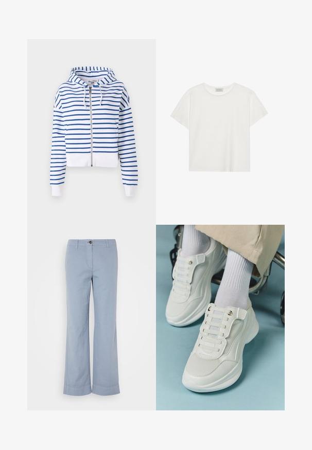 Baltas apkirptas zip-up gobtuvas su mėlynomis horizontaliomis juostelėmis. Yra raištelių gobtuvas ir pūkuoti rankogaliai, kurie užtikrina patogų prigludimą. Minkšta medvilnės medžiaga.; Balta trumpa rankovė T-marškiniai, pagaminti iš minkštos medvilnės. Charakterizuojami apvali kaklo iškirpte ir laisvu siluetu. Švarus dizainas be matomų raštų ar akcentų.; Šviesiai mėlyni lino kelnes su tiesiu sijonu, mygtukų uždarymu ir apvartu. Lygi tekstūra, skirta kasdieniam dėvėjimui.; Baltos sportbačiai su tinklelio medžiaga, guminiais padais, be raištelių dizainu su elastinėmis juostelėmis ir auksinėmis detalėmis.