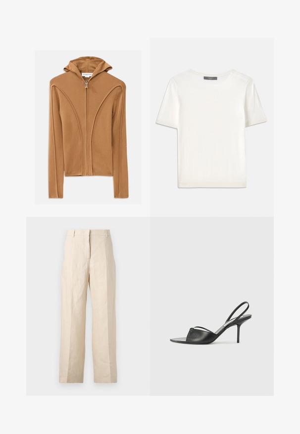 Brown zip-up hoodie with a hood, made of soft fabric, featuring curved seam detailing and a front zipper closure.; White short-sleeve knit top with a round neckline, featuring a smooth texture and subtle ribbed accents at sleeves and hem.; Beige linen trousers with a loose fit, pleated front, and straight legs. Features a waistband with belt loops and no visible pockets.; Black leather slingback heels with a pointed toe, thin ankle strap, and stiletto heel. Features a knotted detail on the vamp.