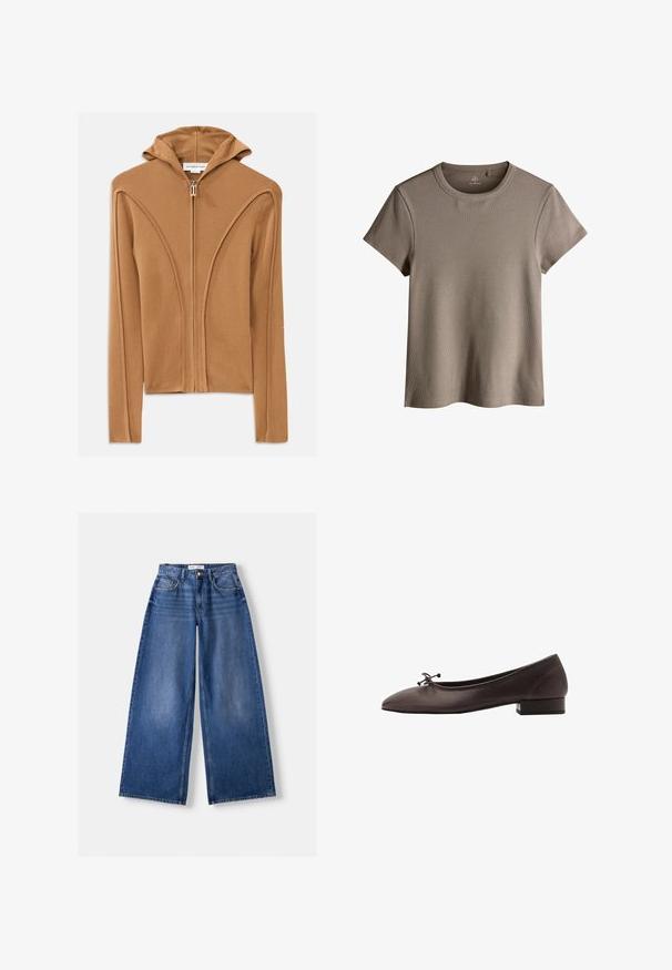 Bruine rits-hoodie met capuchon, gemaakt van zachte stof, met gebogen naaddetails en een rits aan de voorkant.; Lichtbruine geribde T-shirt met korte mouwen en een ronde halslijn, met een relaxed fit en een zachte textuur.; Bershka WIDE-LEG - Wide leg - dark blue; Bruine leren balletschoen met een ronde neus en een kleine blokhak. Kenmerkt zich door een dunne strik aan de voorkant en subtiele stikdetails.
