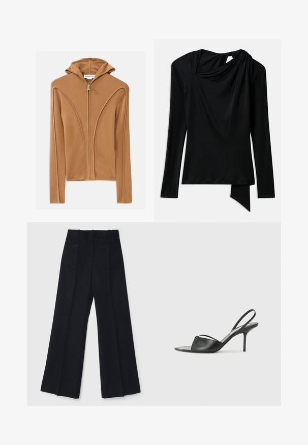 Ruda užtrauktuku užsegama džemperis su gaubtu, pagamintas iš minkštos medžiagos, su kreivomis siūlėmis ir priekyje esančiu užtrauktuku.; Juodas ilgomis rankovėmis viršus, pagamintas iš lygaus audinio, su drapiruotu kaklu, asimetriniu apačiu ir išpjova nugaroje.; Juodi plačių kojų kelnes, pagamintas iš lygios medžiagos, su aukštu liemeniu, dviem užpakalinėmis kišenėmis ir subtiliomis priekinėmis raukšlėmis, suteikiančiomis papildomą formą.; Juodos odinės slingback aukštakulnės bateliai su smailiu priekiniu galu, plona kulkšnies juostele ir stiletto kulnu. Papuošti mazginio detalė vampyro dalyje.