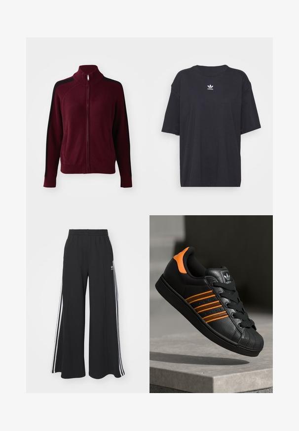 Obey Clothing FRANKIE TRACK - Kardiganas - wine; Juodas medvilnės marškinėliai trumpomis rankovėmis, apvaliu iškirpimu, su baltu Adidas logo ant krūtinės. Paprastas dizainas, laisvas kirpimas.; Juodos plačios kojų džinsinės kelnės su elastingu juosmeniu, turinčios baltas šonines juosteles ir išsiuvinėtą logotipą kairiajame šlaunyje.; Juodas sportinis batelis su oranžiniais akcentais, trimis horizontaliomis juostelėmis, tekstūruota odinė viršutinė dalis, guminiu nosių dangteliu ir juodomis raišteliais.