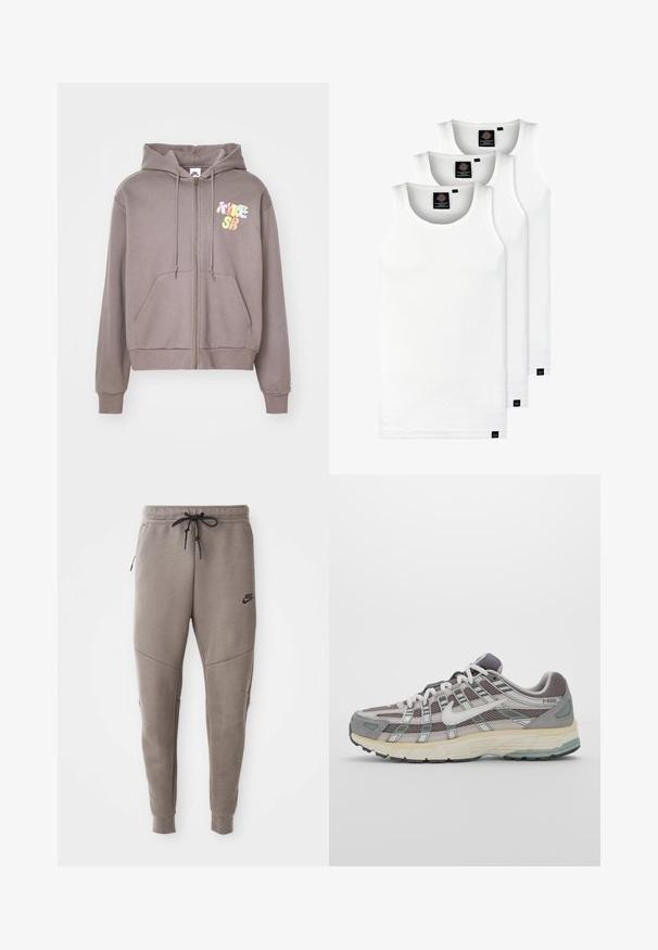 Pelēks kapucēts džemperis ar rāvējslēdzēju, izgatavots no mīksta auduma; tam ir priekšējā kabata un krāsains "Nike SB" grafikas attēls kreisajā krūtī. Kapucēta dizains ar auklām.; Trīs baltas ribotas krūšturi, kas izgatavoti no kokvilnas. Iezīmēti ar apaļu kakla izgriezumu un maziem melniem etiķetēm tuvu apakšmalai. Pieejami vairākos izmēros.; Pelēki Nike sporta bikses ar aukliņu viduklī, sašaurinātiem galiem, sānu kabatām un izteiktām šuvēm. Mīksta, teksturēta auduma.; Pelēkie sporta apavi ar tīkla un zamša augšdaļu, baltiem akcentiem, mīkstinātu zoli un izcilu dizainu ar atstarotājiem.