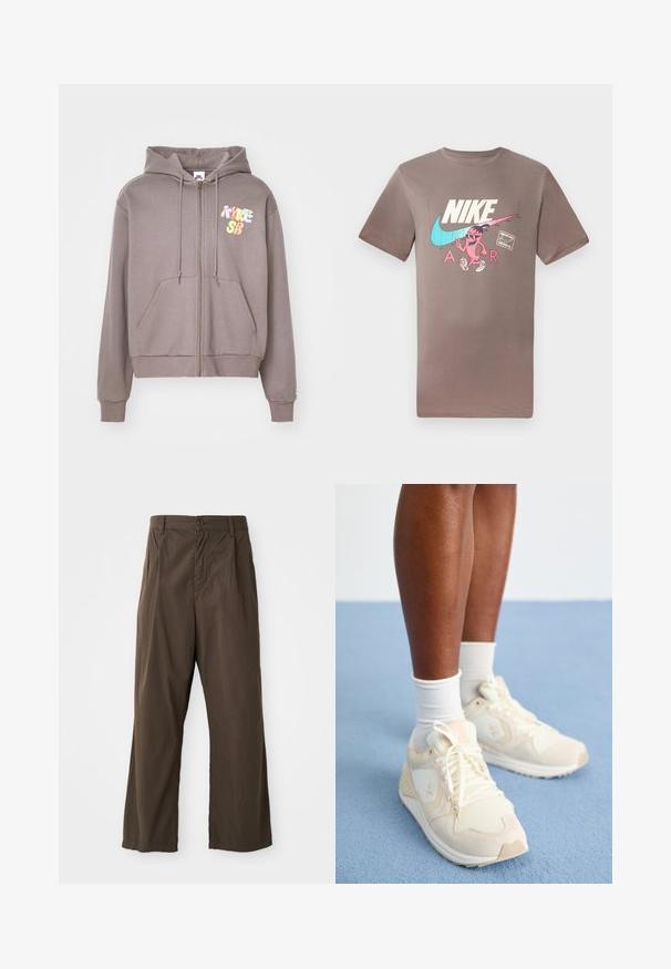 Hallhalli hallitusest pehme kangast; omab esipocketit ja värvikat "Nike SB" graafikat vasakul rinnal. Kapuutsi disain koos reguleeritavate köitega.; Pruun puuvillane T-särk, millel on värvikas graafika isikust prillide ja kontrastsetes värvides Nike ja Air logodega.; Pruunid, laial jalal oleva puuvillased püksid, millel on eesnuppude sulgemine, vöökohad ja sile, mati tekstuur.; Heledad beezid spordijalatsid, millel on võrgu- ja nahkdetailid. Omab logo, nööpimise disaini ning pehmendatud talla. Kanda valgete sokkidega.
