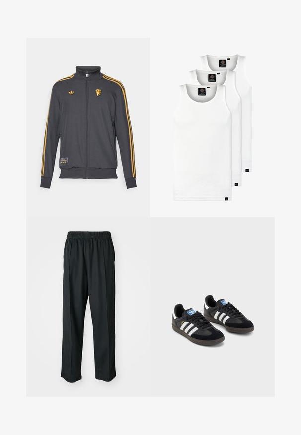 adidas Originals MANCHESTER UNITED ICON TRACK TOP - Camisola com fecho - utility black; Três tops em algodão de alças brancas com nervuras. Apresentam um decote redondo e pequenas etiquetas pretas perto da bainha. Disponíveis em vários tamanhos.; Calças atléticas pretas com um cós elástico, feitas de tecido suave, com costuras laterais discretas e um ajuste descontraído, design de perna reta.; Sneakers pretos com parte superior em camurça e sintético, apresentando três riscas brancas, sola de borracha texturizada e etiqueta azul no linguete.