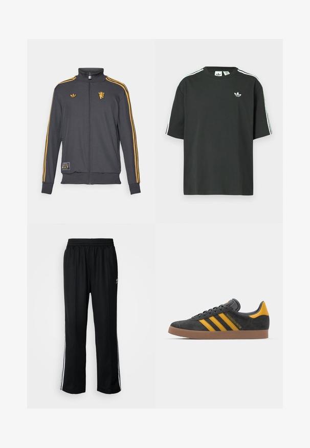 adidas Originals MANCHESTER UNITED ICON TRACK TOP - Jaka ar rāvējslēdzēju - utility black; Melna kokvilnas T-krekls ar īsām piedurknēm, apaļu kakla izgriezumu un baltām trim svītrām uz pleciem. Uz krūtīm neliels balts logo.; Melni sporta bikses ar elastīgu jostas vietu, kurām ir baltas sānu svītras un neliels logotips. Materiāls izskatās mīksts un viegls.; Melnas zamšādas kedas ar dzelteniem akcentiem, kurām ir trīs svītras un brūna gumijas zole. Iekļauta mīksta valkāšanas tongue komfortam.